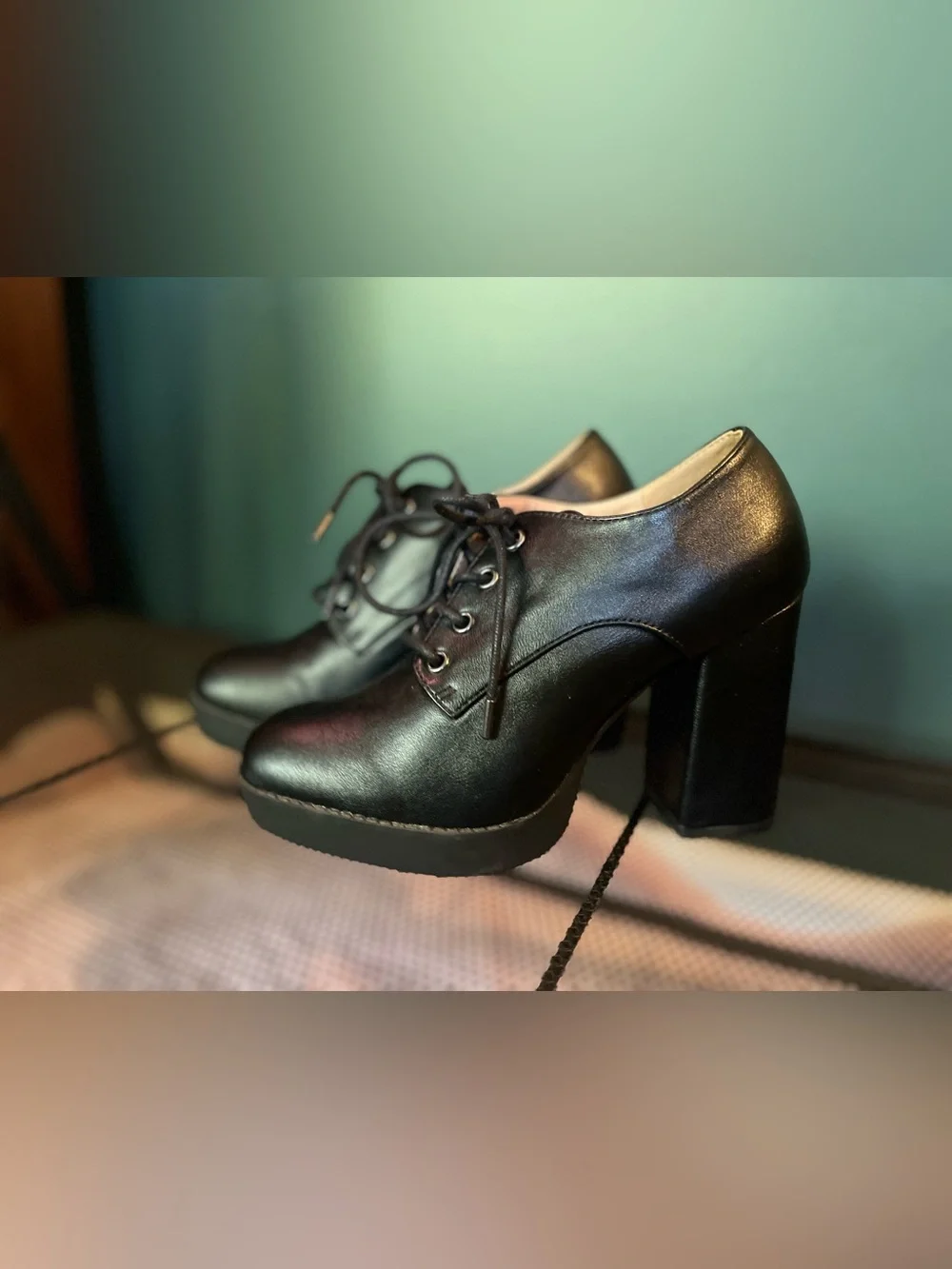 Black Chunky Heel Lace-Up Women's Shoe